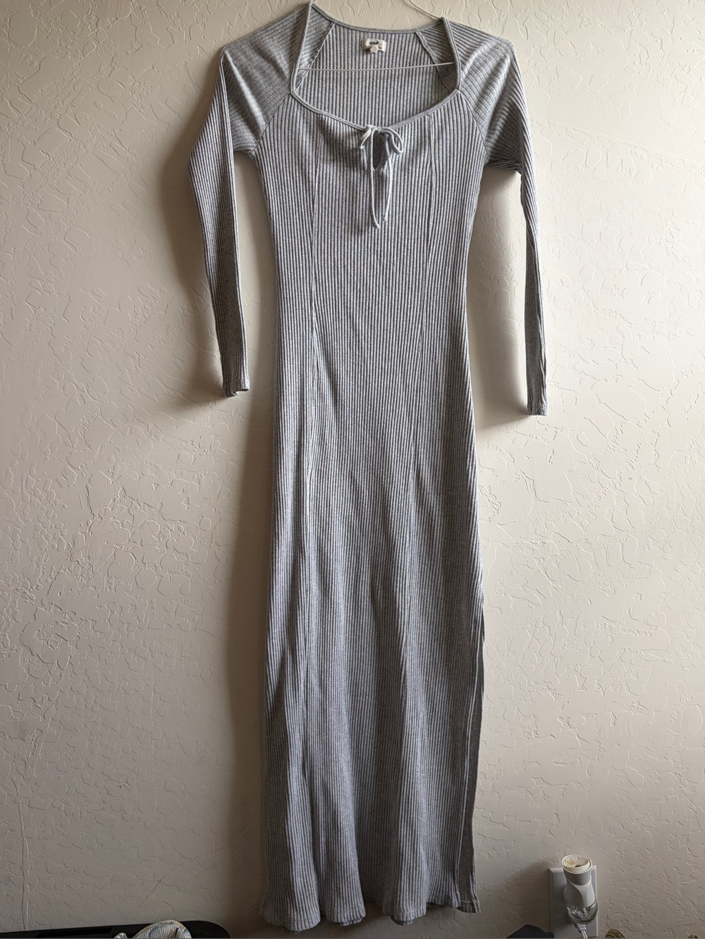 aerie Ribbed Long Sleeve Maxi Dress - Light Gray